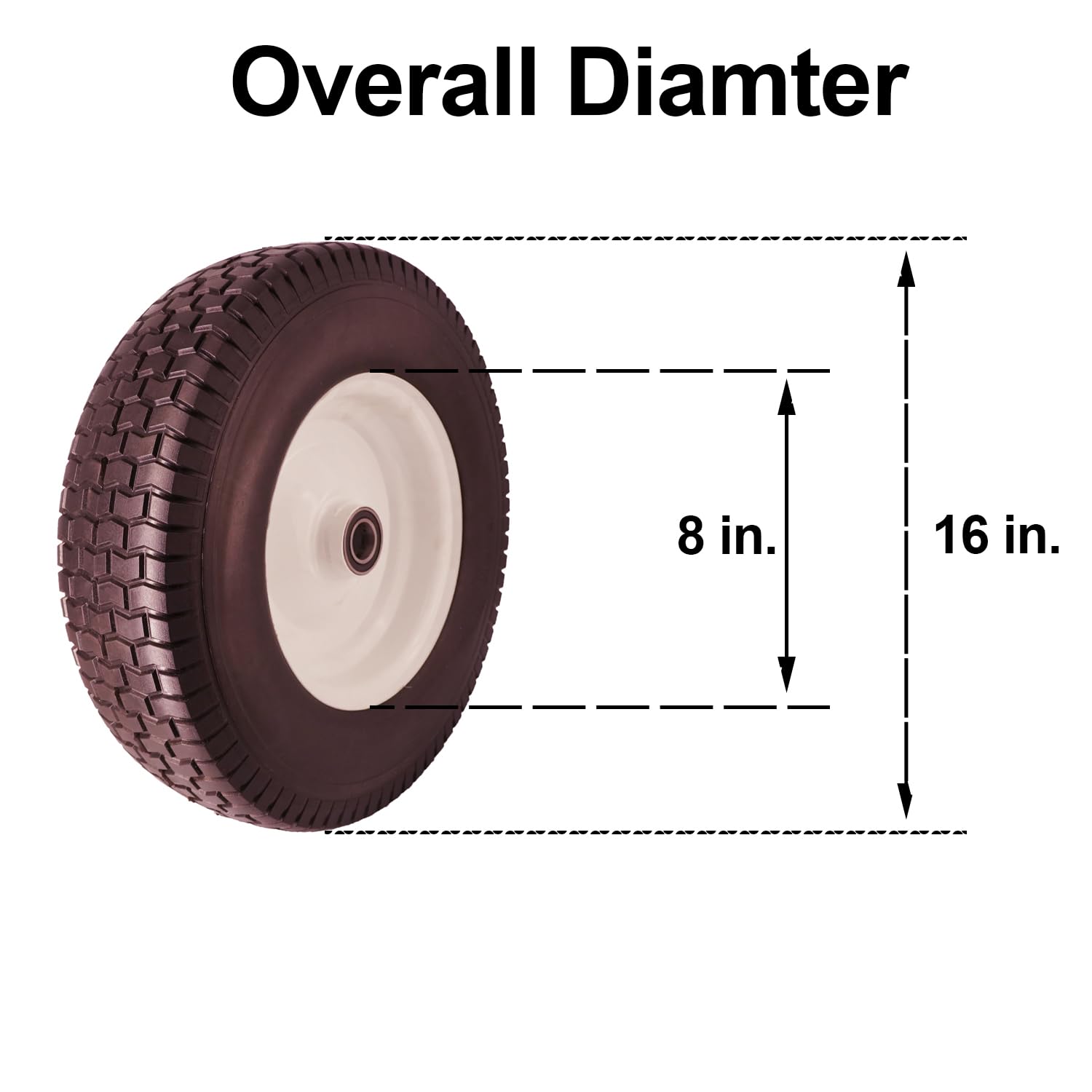 Neumático plano de 16 x 5.00-8 con rodamientos de 1 pulgada, banda de rodadura de césped central de 3 pulgadas, neumático y rueda para cortacésped, tractor de jardín, carretilla, neumático sólido de