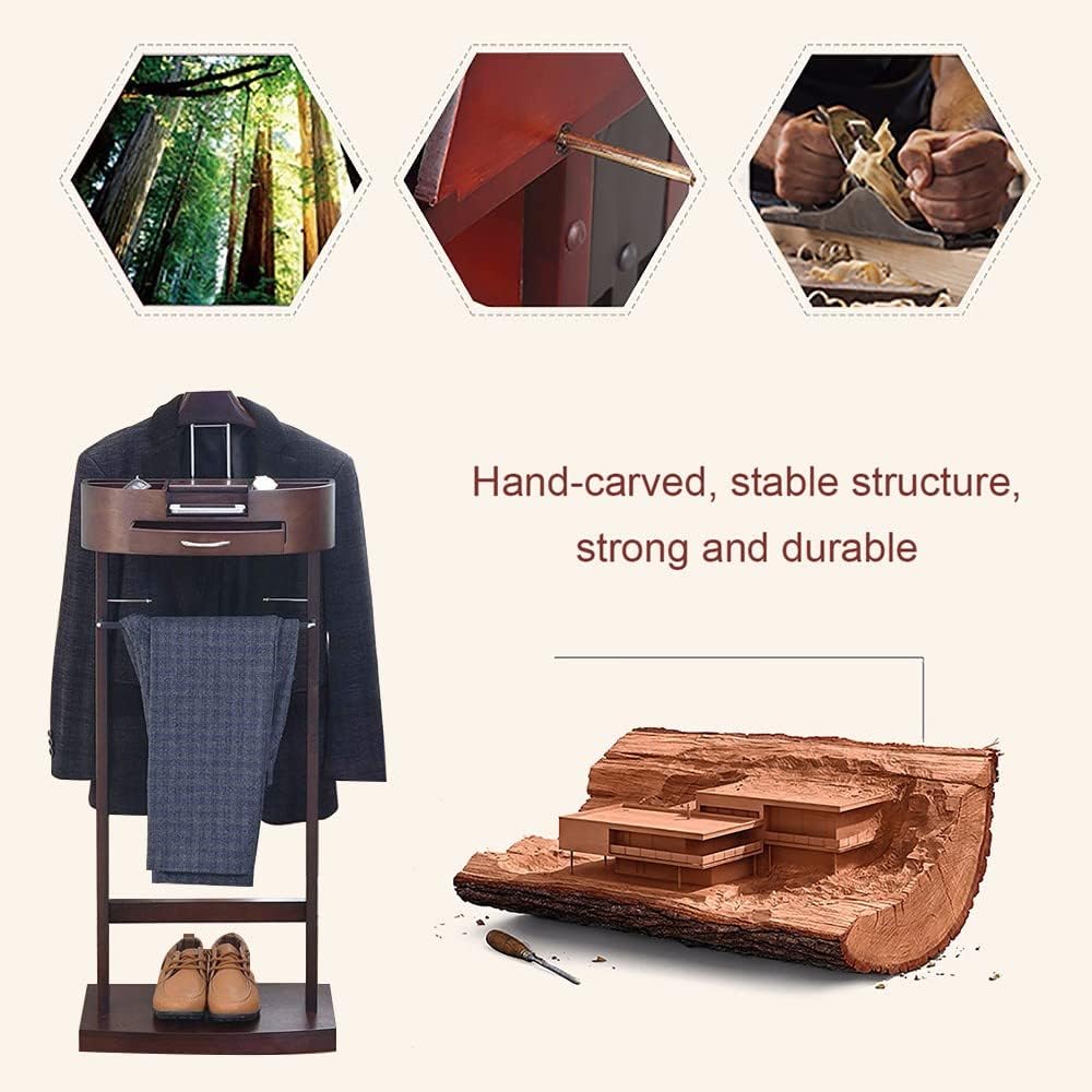 Coat Rack Suit Valet Rack Stand with Drawer + Shelf Wood Suit Valet Stand Clothes Rack with Anti-Slip Trouser Bar Floor Standing Clothes Valet for Office Both L