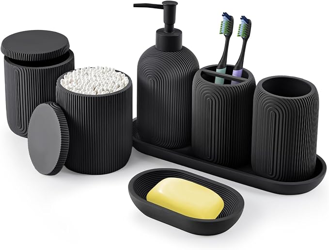 Bathroom Accessories Set - 7-Piece Resin Bathroom Set, Toothbrush Holders Set, Soap Dispenser, Qtip Holder Dispenser, Tumbler, Soap Dish & Tray, Modern Bath Decor for Home Dorm Hotel (Black)