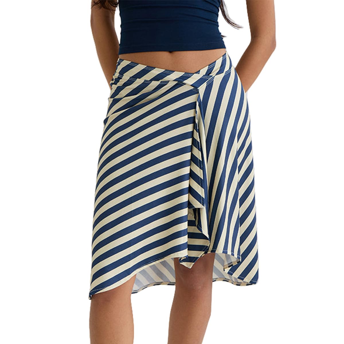Women Y2K Low Rise Striped Midi Skirt Wrap Style Ruffle A-line Vintage Long Skirt Coquette Irregular Hem Skirts