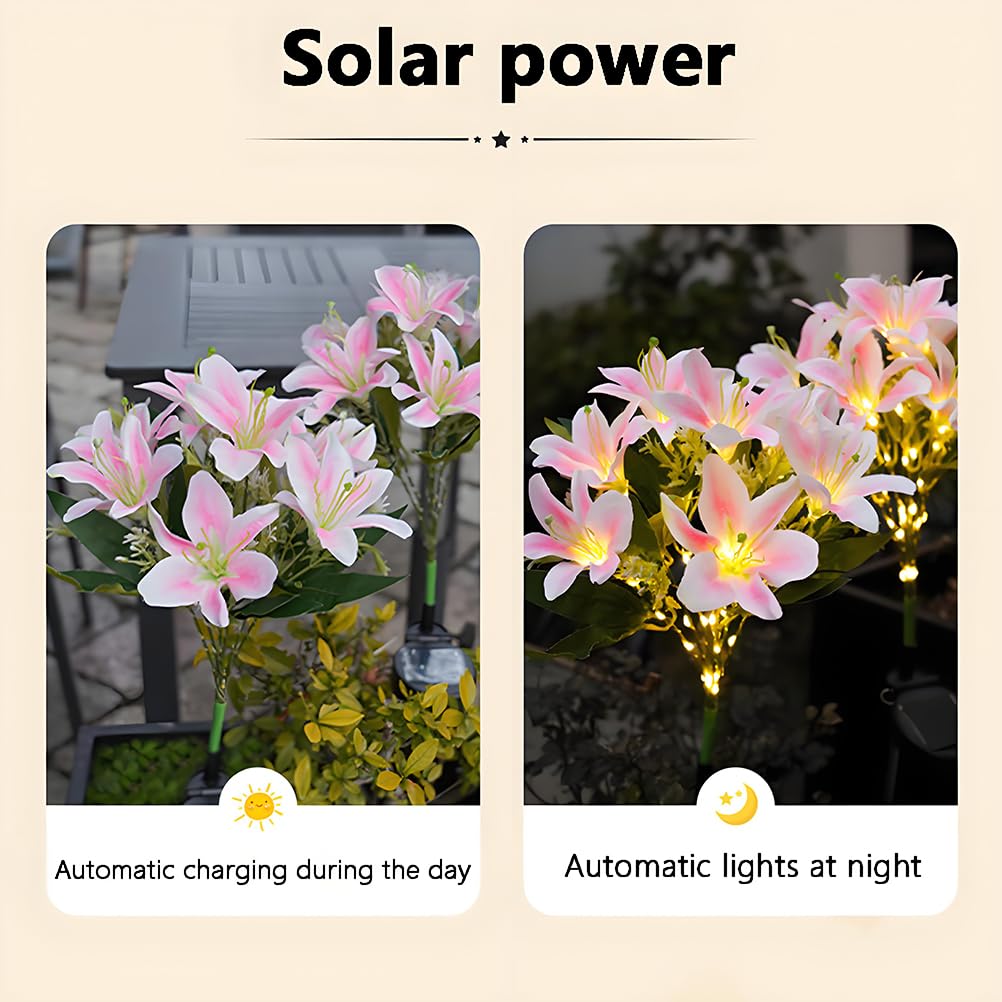 AoLa Confezione da 2 luci solari da giardino per uso esterno, lampada solare LED forma di giglio impermeabile IP65 con spina di terra luce a forma di fiore simulato decorazione, luce calda,Rosa