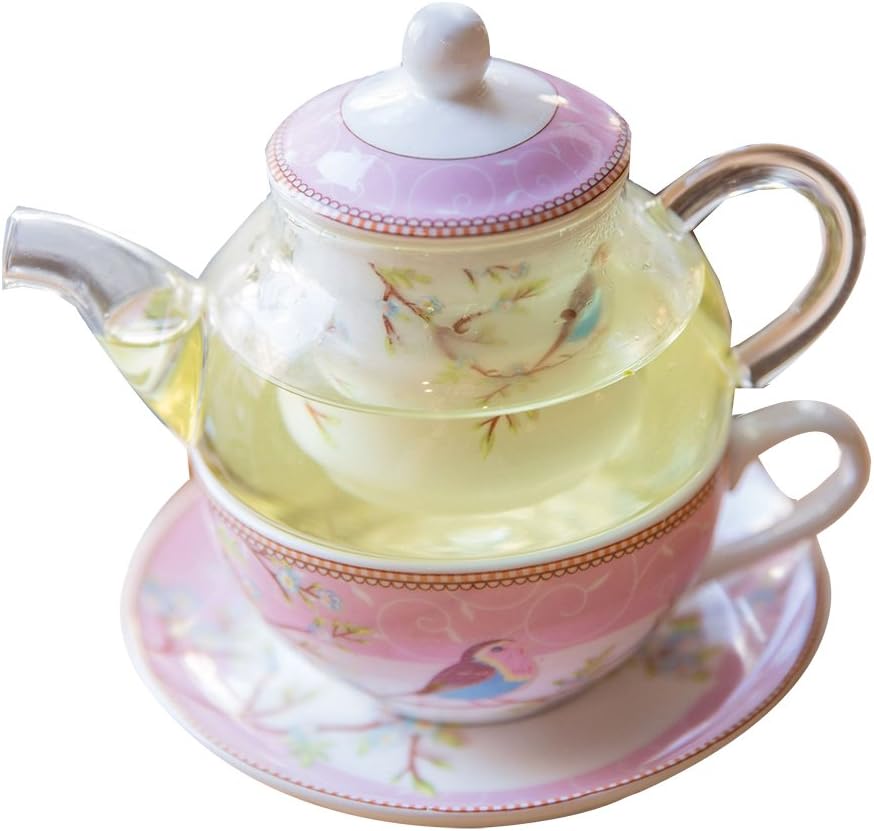 Rainie Love Glass Teapot with a Ceramic Infuser Strainer and 1 set of Porcelain Cup and Saucer,Teapot and Teacup for One(Pink/Blue)