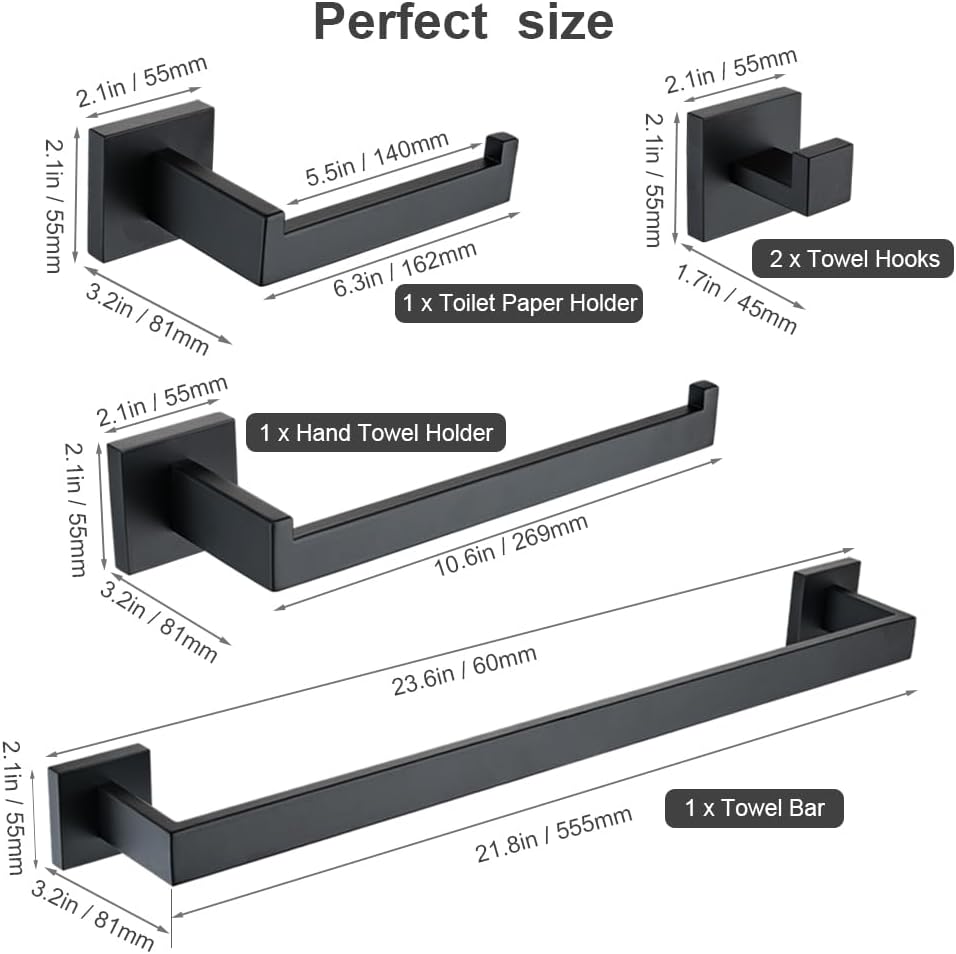 Matte Black Bathroom Hardware Set 5-Piece, Modern Square SUS304 Stainless Steel Bath Accessory Kit with 23.6" Towel Bar