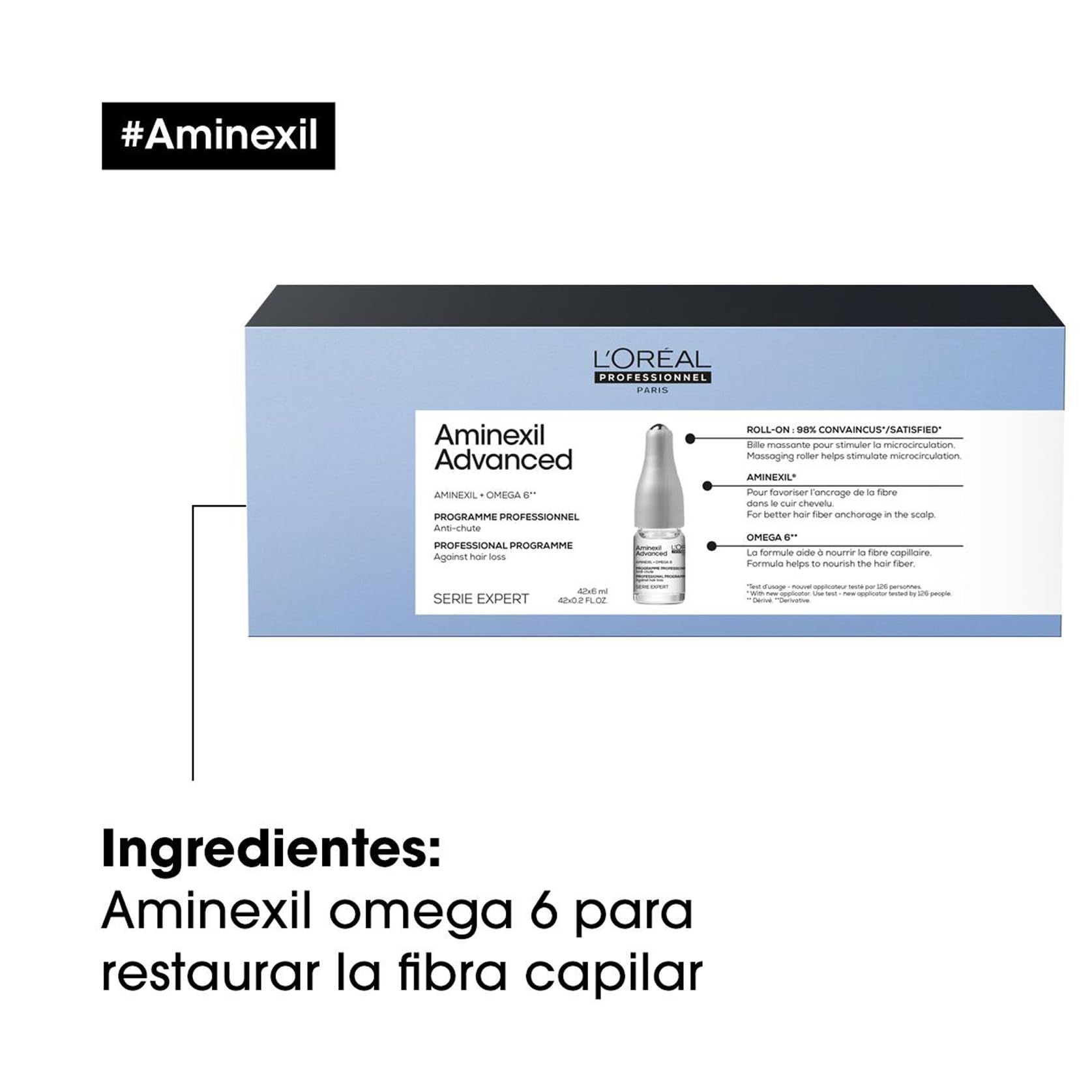 L'Oréal Professionnel, Tratamiento anticaída para un aspecto más denso y con más cuerpo, Aminexil Advanced, SERIE EXPERT, 42x6ml
