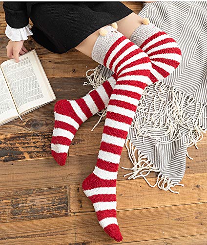 Image of Hotmiss Womens Thigh High Fuzzy Socks Cute Over the Knee Stockings Winter Warm Stripe Leg Warmers