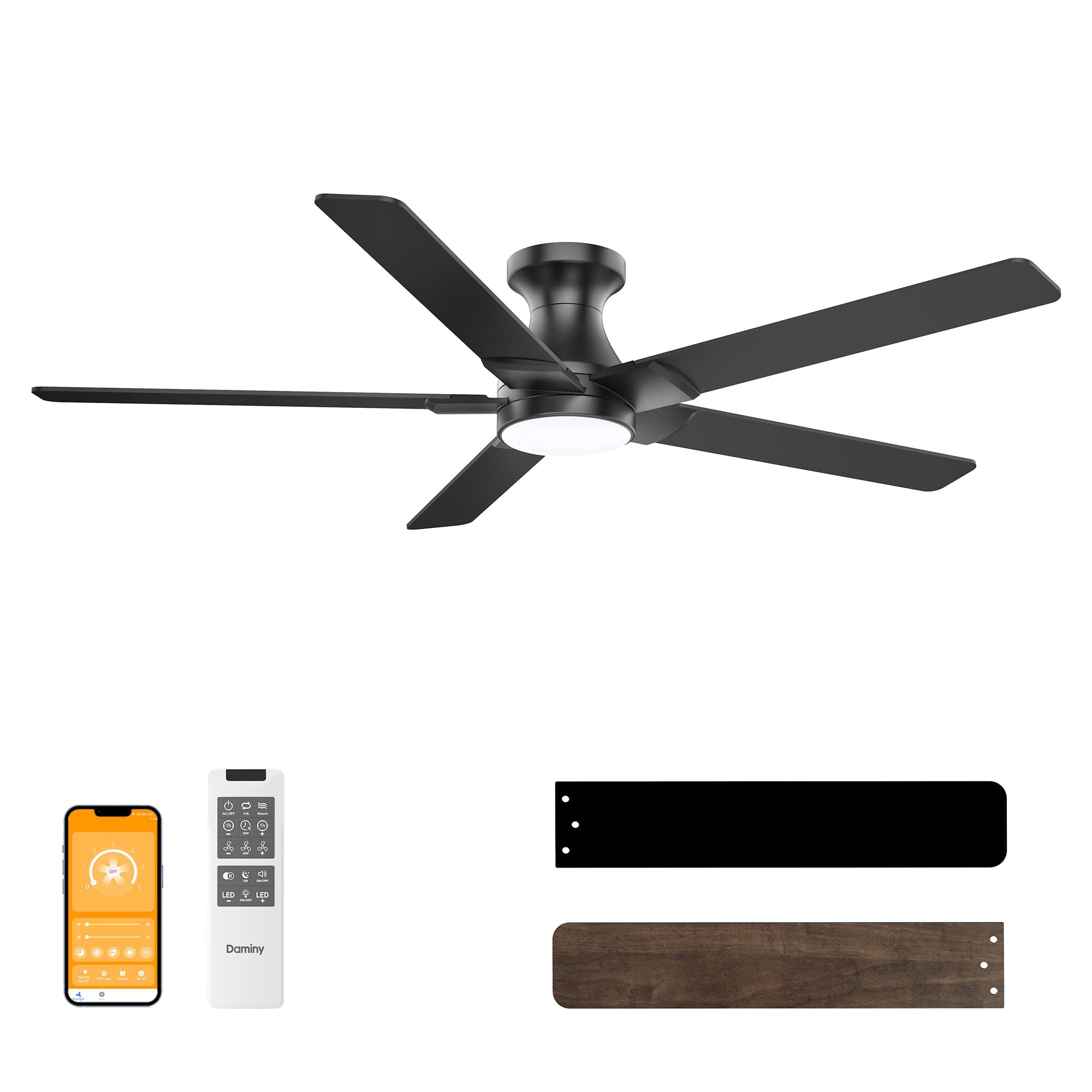 DAMINY 52 inch Black Ceiling Fans with Lights 5 Blades 6CCT Low Profile Remote Control for Bedroom Kitchen