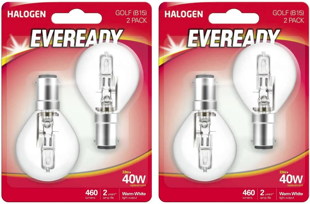 4 Pack Eveready Traditional 30W (40W Eqv) Golf Ball Shape, B15 Small Bayonet Cap, 2800K Warm White, 405 Lumens, Dimmable