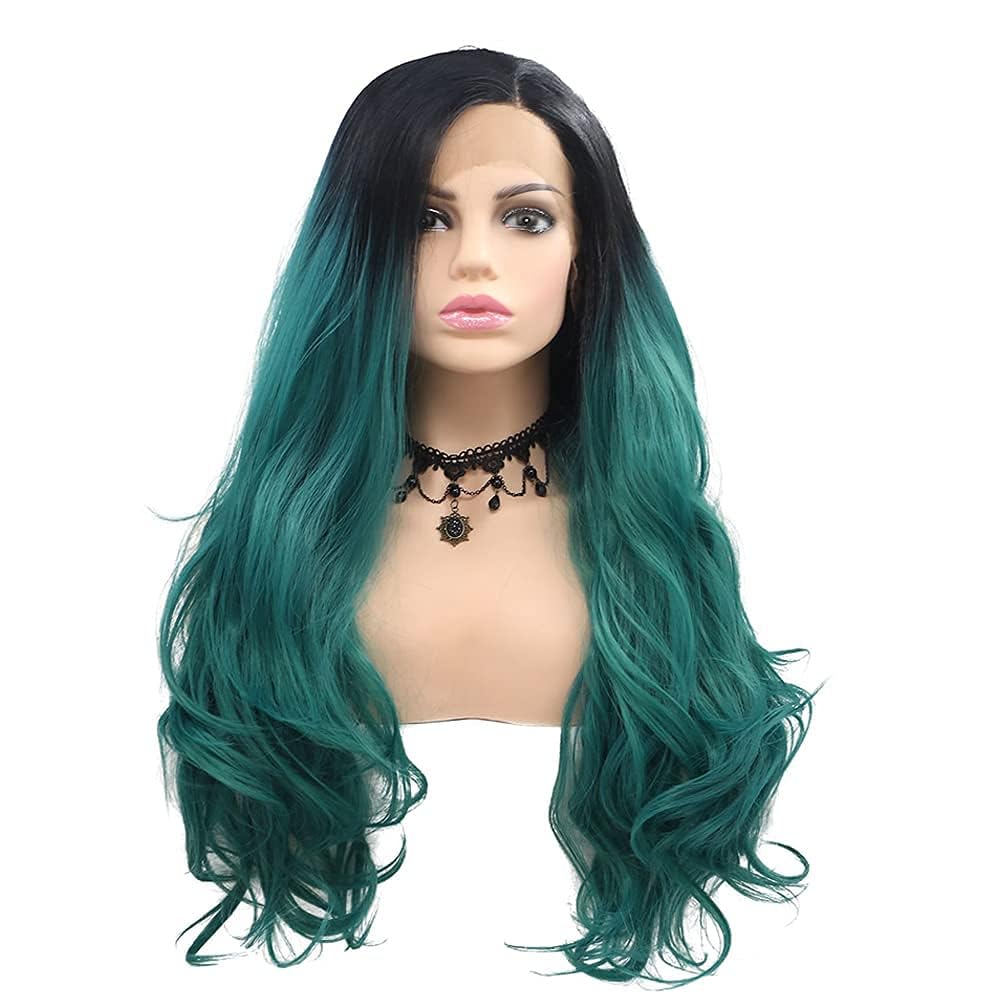 Green With Dark Brown Roots Lace Front Wig Long Natural wavy wig Heat Resistant Synthetic for Fashion Girls Women Daily Style 24 Inch (Green)