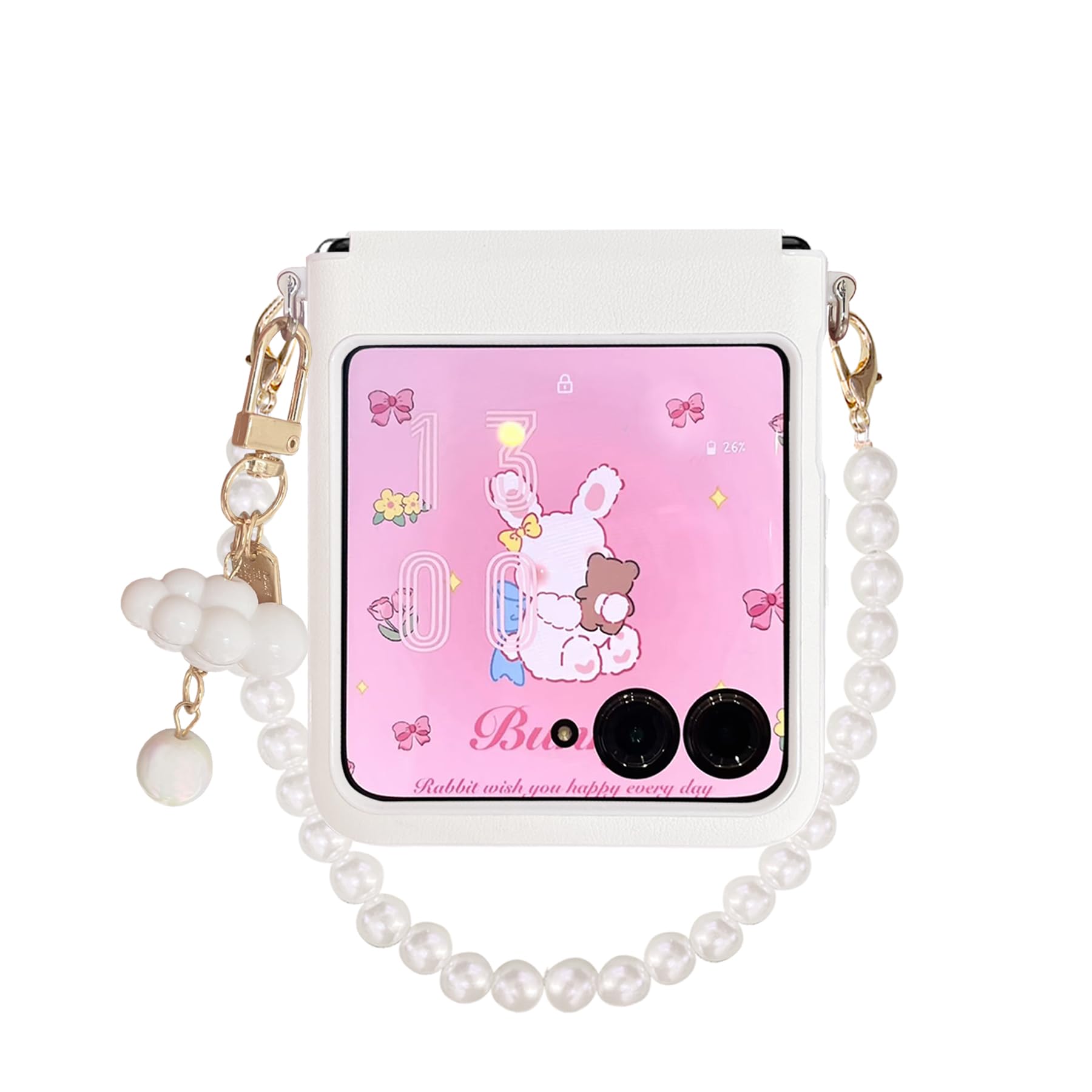 Yohulod Motorola Razr 2025/2024 Case with Hinge Protection & Strap, Slim Shockproof White PU Leather Case for Moto Razr 2025/2024 with Cloud Pendant