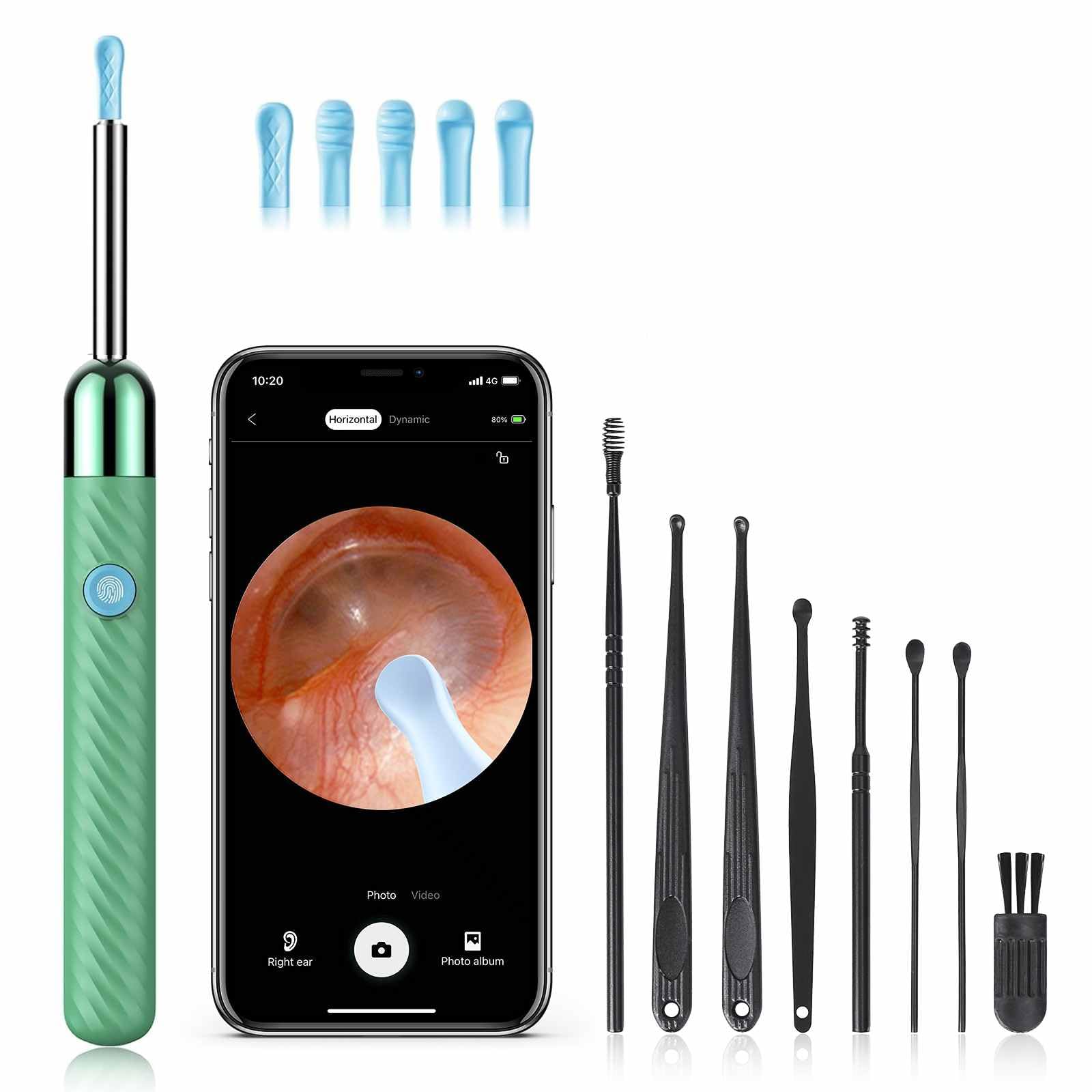 Ear Canal Cleaner with 1080P Camera - Earwax Remover Tool with 8 Pcs Ear Set - Ear Cleaning Kit with 6 Ear Spoon - Ear Camera for iOS & Android (Green)