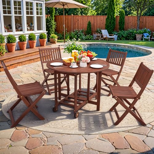 Greesum 5-Piece Outdoor Patio Dining Set – Folding Acacia Wood Table and Chairs for Backyard, Balcony, and Garden, Dark Brown