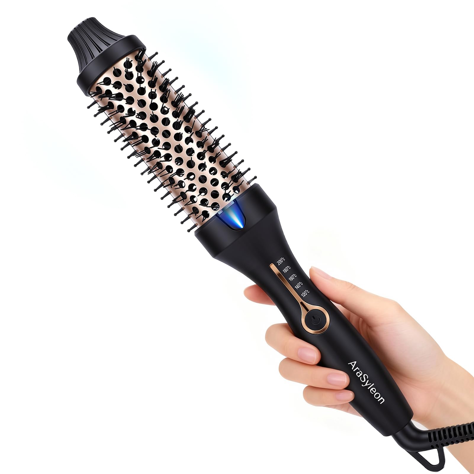 AraSyleon Ion Heat Brush Round Brush 38 mm Double Tension | Thermal Brush Round Brush Electric with 5 Temperature Settings ⟮120°C - 200°C⟯, Includes Heat Protection Glove