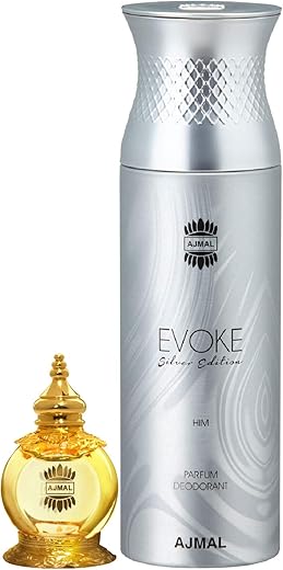Ajmal Mukhallat AL Wafa Concentrated Perfume Oil Oriental Musky Alcohol-free Attar 12ml for Unisex and Evoke Silver Edition Him Deodorant Spicy Floral Fragrance 200ml for Men FREE