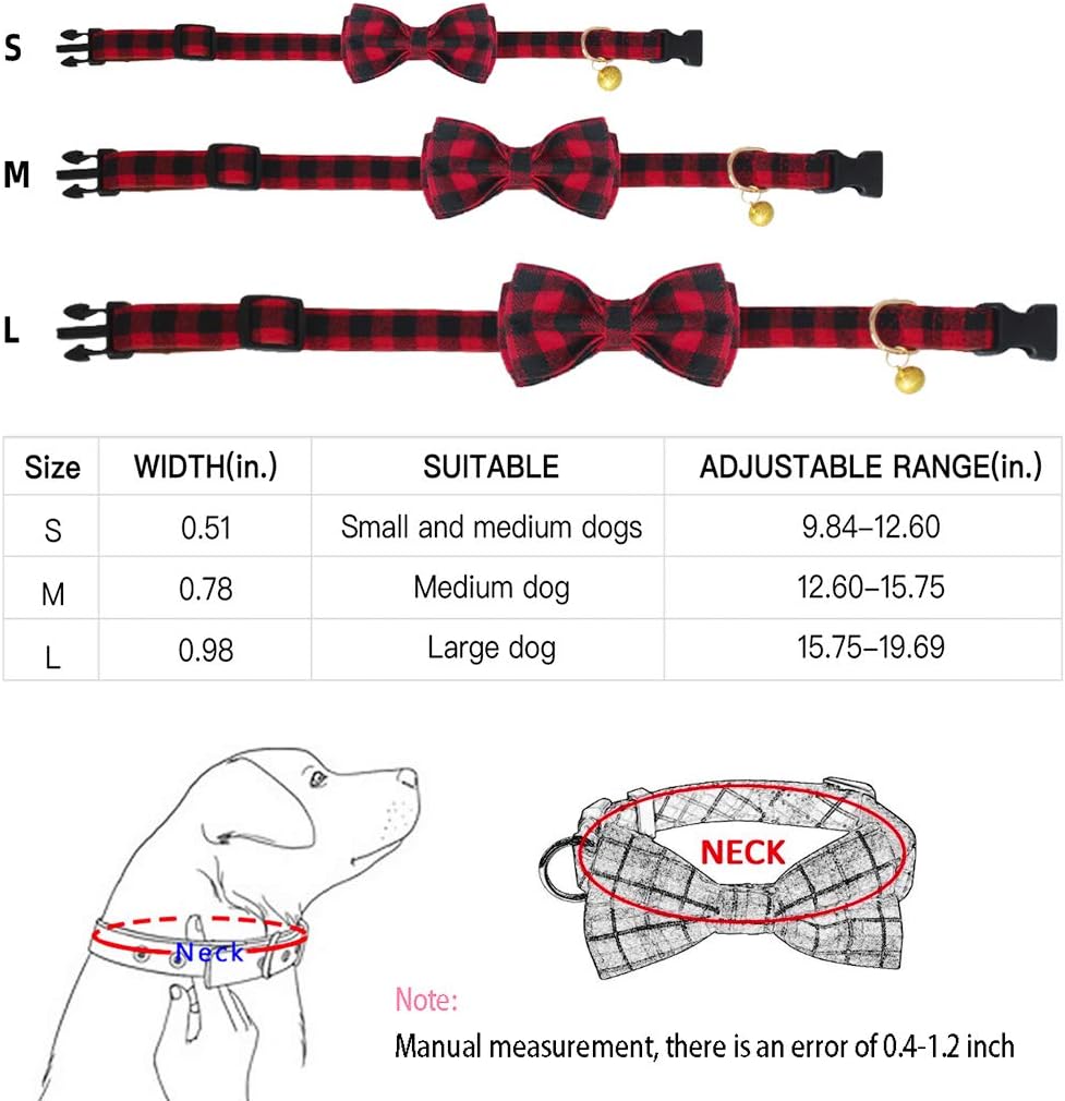 KUDES Plaid Dog Collar with Bow, 2 Pack/Set Adjustable Dog Bow Tie Collars with Bell, Best Pet Gift for Small Medium Large Girl and Boy Dogs, Red & Black