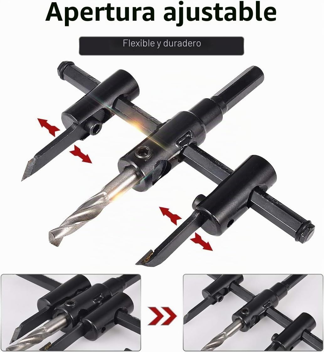 Corta Brocas Círculo Ajustable para Madera, Herramienta de Corte de Sierra Redonda, Herramientas de Bricolaje para Madera, Taladro Giratorio (Diámetro de Corte: 30mm - 120mm)