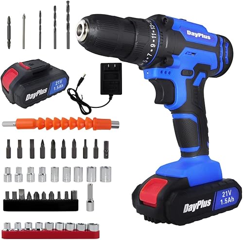 Juego de taladro inalámbrico de impacto eléctrico con batería de 21 V y cargador rápido, 29 piezas de kit de taladro incluidos, ajuste de par de