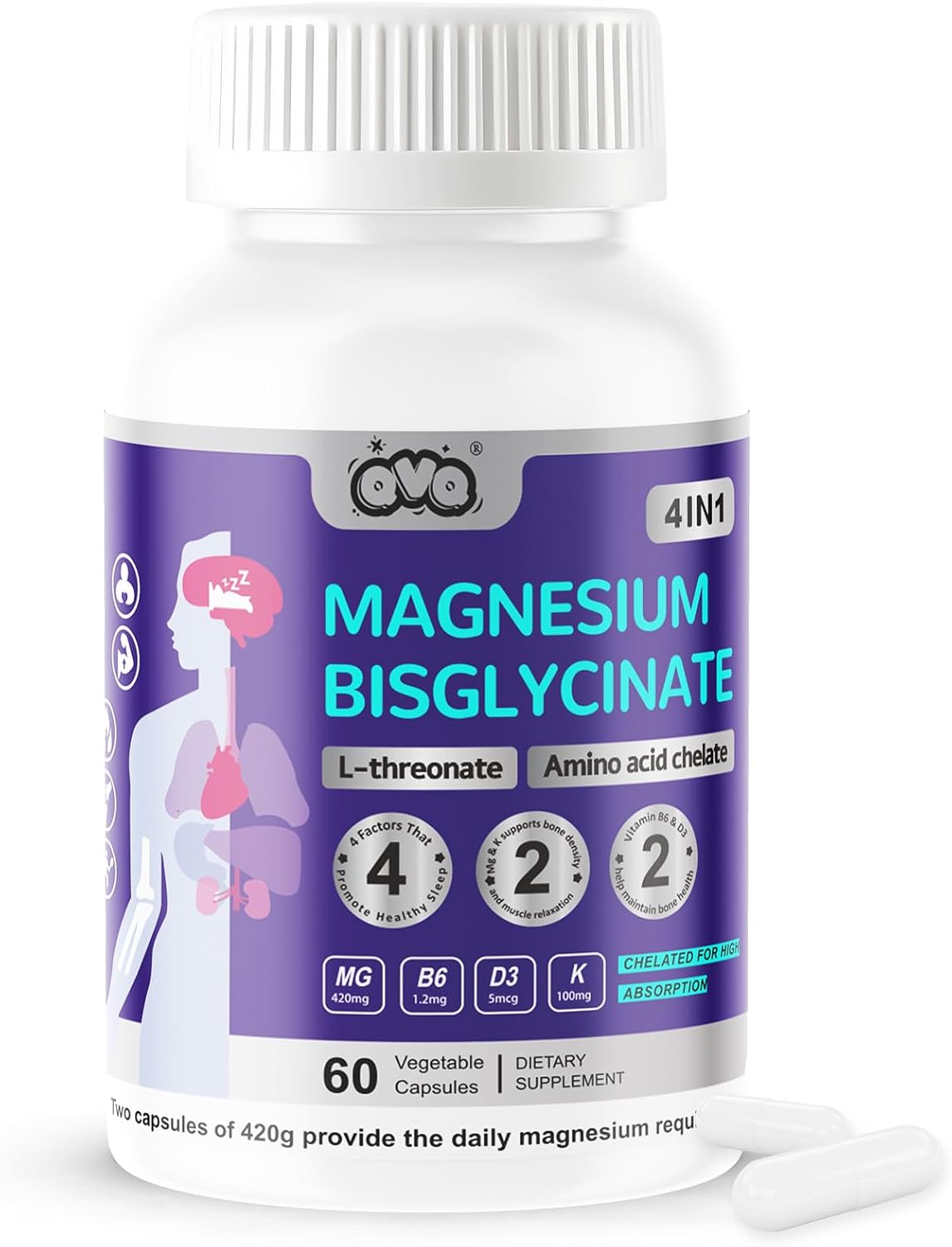 420 Mg Magnesium Bisglycinate L-Threonate Amino Acid Chelated Supplement with Vitamin and Potassium High Absorption Formula for Muscle Relaxation Bone & Joint Support Magnesium Complex Capsules