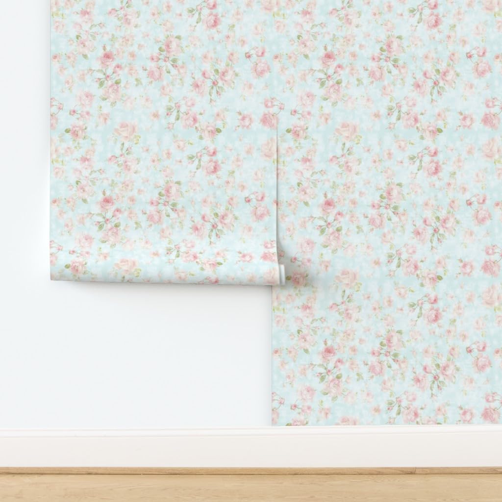 Spoonflower Removable Wallpaper 6ft x 2ft - Romantic Rose Shabby Chic Retro 90S Pink Floral Faded Blue Pastel Chintz Cottagecore Custom Pre-Pasted Wallpaper