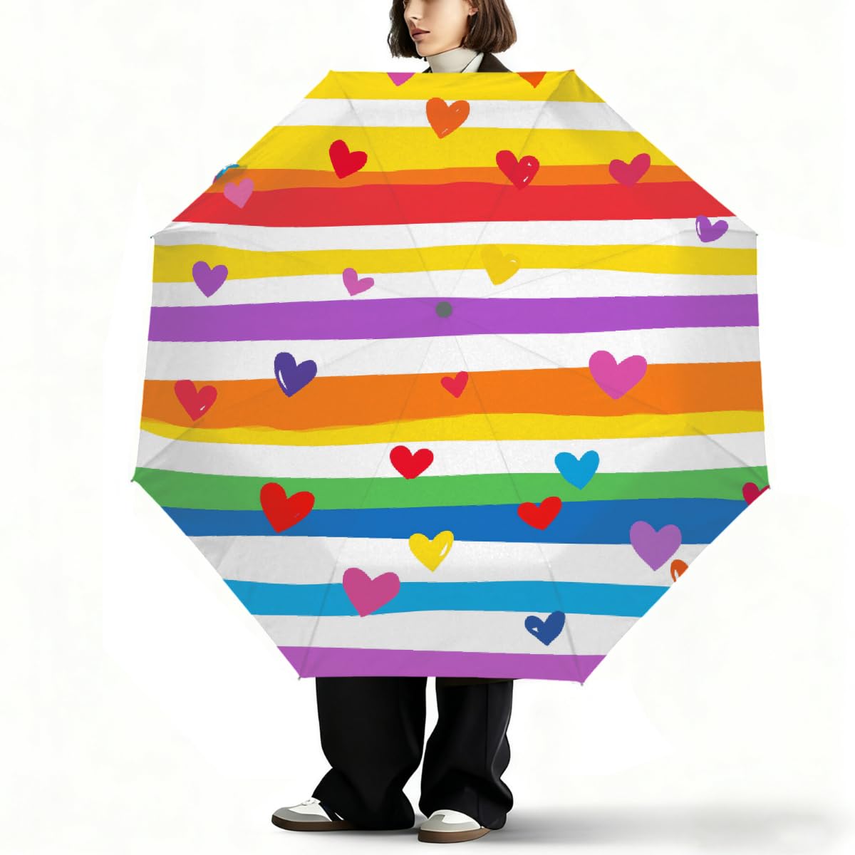 Ombrello pieghevole a righe arcobaleno Love Heart ombrello da viaggio compatto antivento impermeabile con protezione UV rivestimento nero leggero 8 coste portatile per pioggia sole