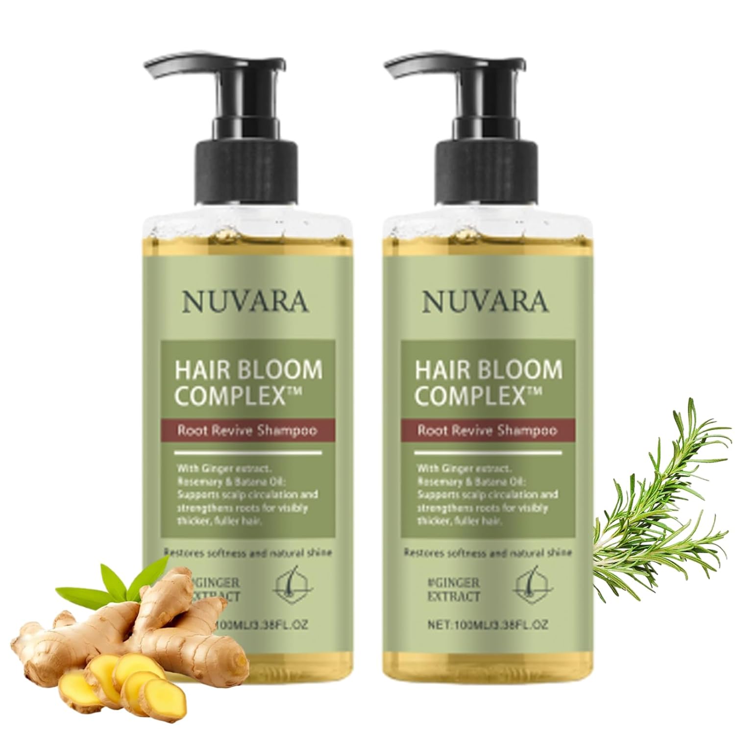 Nuvara Root Revival Shampoo, Nuvara for Thinning Hair, Ginger Anti-Hair Loss & Strengthening Shampoo, Volumizing for Fine, Strengthening for Damaged,100ML/3.38OZ (2 PCS)