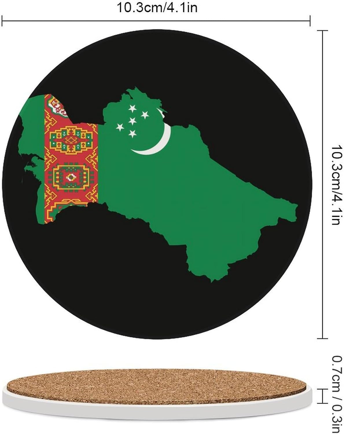 Turkmenistan Flag Map Round Ceramic Coasters for Drinks Absorbent Cup Holder Tabletop Protector with Cork Base