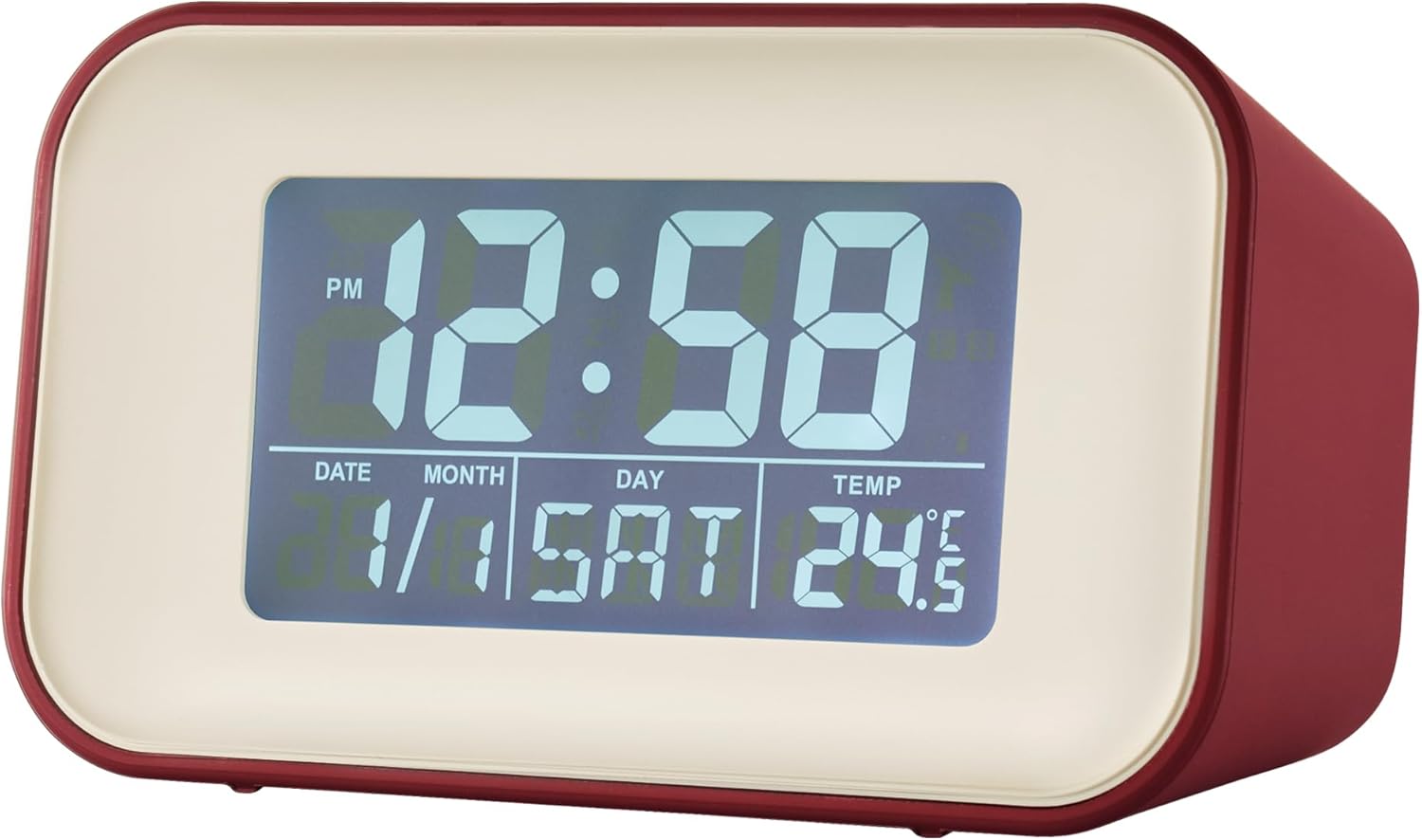 Devan view of the Acctim Digital Alarm Clock displaying 12:58 PM, date 1/1, day SAT, and temperature 24.5°C.