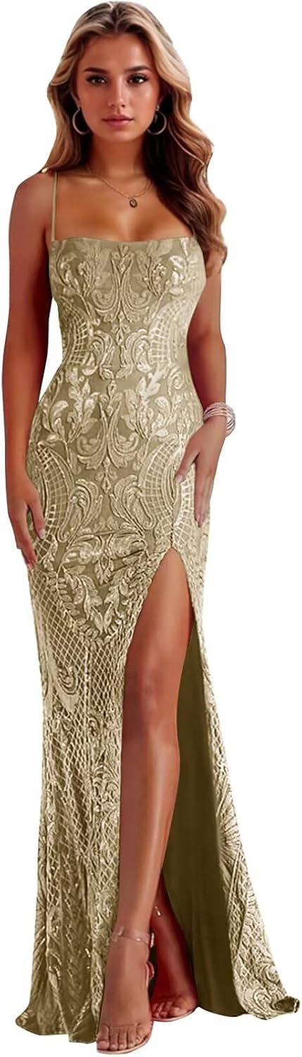 Xijun Women's Sparkly Sequin Prom Dresses 2026 Long Mermaid Spaghetti Straps Formal Evening Dress with Slit