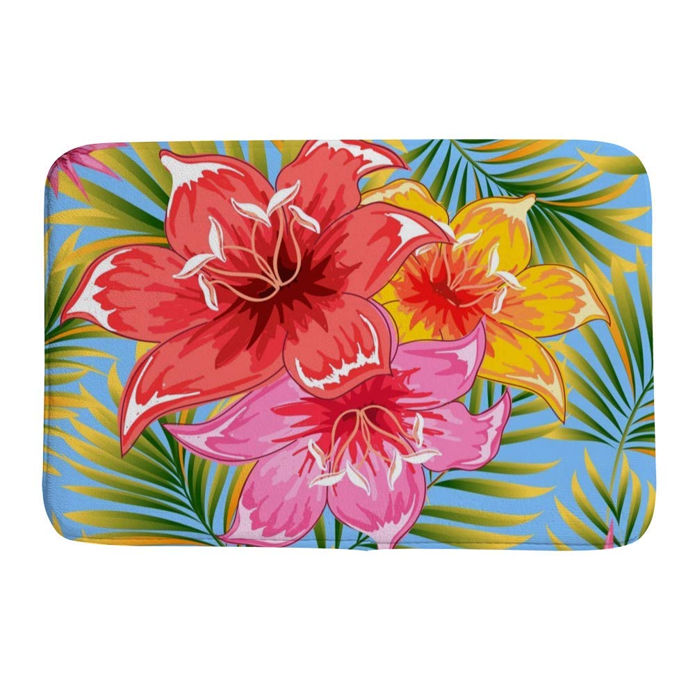 Tapis de bain coloré motif palmiers tropicaux et fleurs de douche 91x61