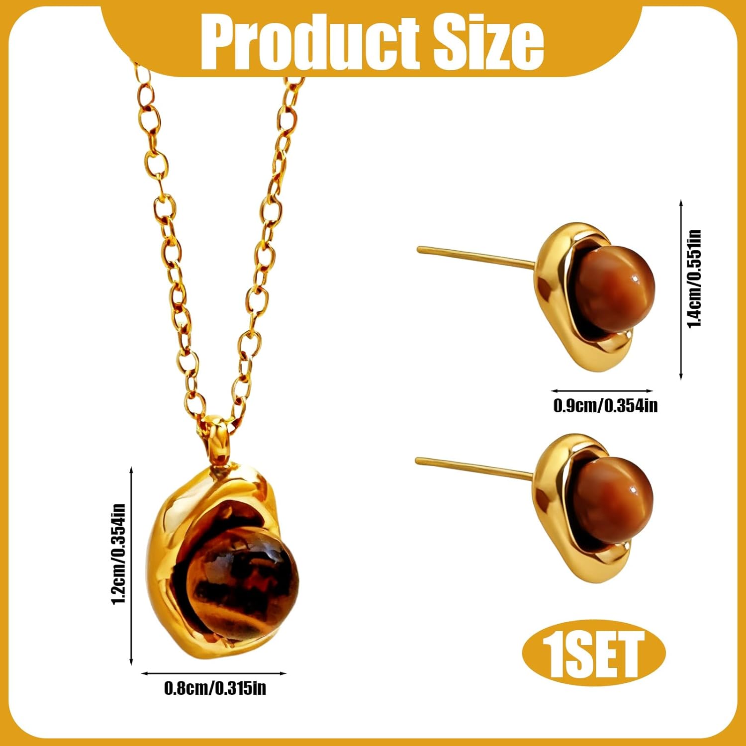 Brown Tigers Eye Stone Necklace and Earrings Set for Women – Chunky Gemstone Pendant with Dangle Earrings, Elegant Prom Fashion Jewelry, Stunning Jewelry Set as Gifts - Image 2