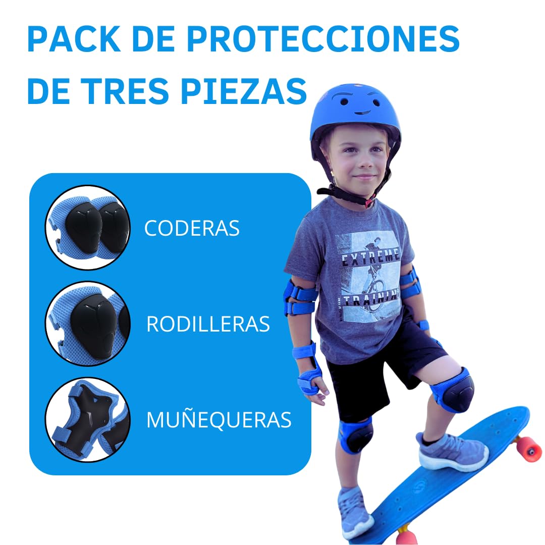 Casco y Protecciones Niño y Niña - Casco + 2 Rodilleras + 2 Muñequeras + 2 Coderas - Bicicleta/Patin/Patines/Skate - Ajustable 50-54cm. Infantil Niños 4-10 Años - Capacete Bicicleta Criança