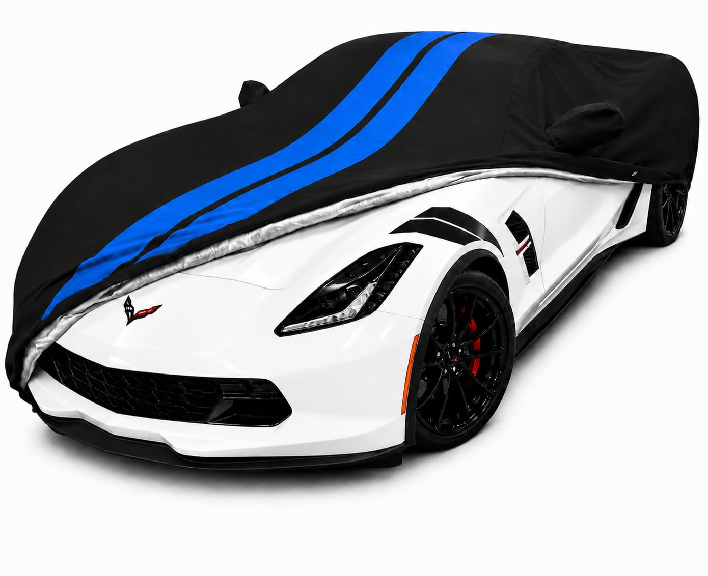 SR1 Performance USA C7 Corvette Car Cover - Custom Fit Indoor/Outdoor UV &amp; Rain Protection - Ultraguard 300 Denier High End for 2014-2019 Stingray, Z51, Z06, Grand Sport (Black with Blue Stripes)