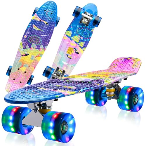 Skateboard, Novantron Mini Monopatin Completo para Niña, 22" Retro Cruiser Skateboard con LED PU Ruedas Luminosas, ABEC-7 con Herramienta T para Adultos Principiantes y Jóvenes, Castillo Rosado
