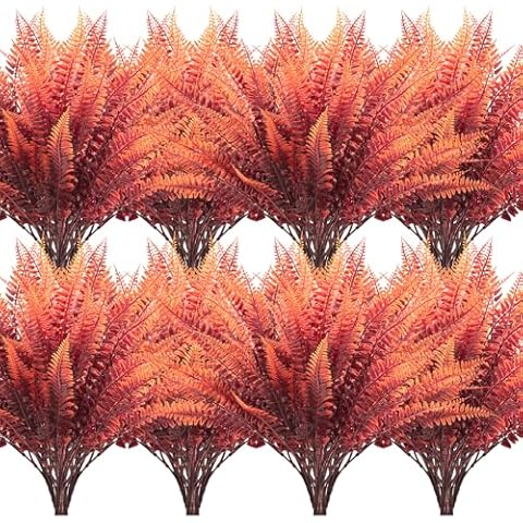 Tunnkit Artificial Ferns Fall, Autumn Red Boston Ferns, Outdoor Fake Plants for Porch Window Flower Bed Garden（16 Bundles） Cover