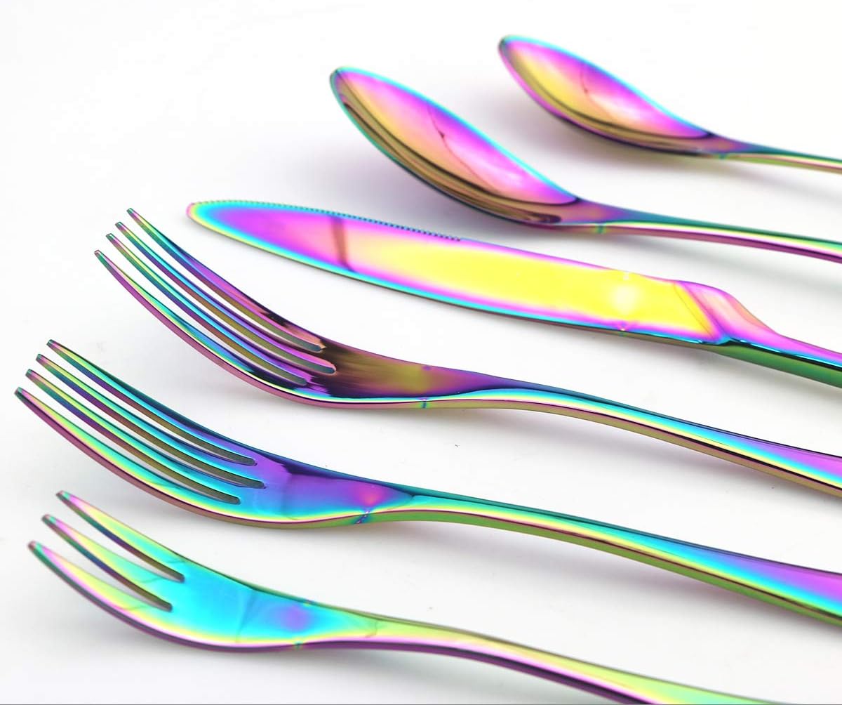 Gugrida 26-Piece 18/10 Stainless Steel Luxury Mirror Polished Rainbow Colorful Silverware Flatware Cutlery Set Service for 4 Include Knife Fork Spoon Dessert Fork Teaspoon Dishwasher Safe