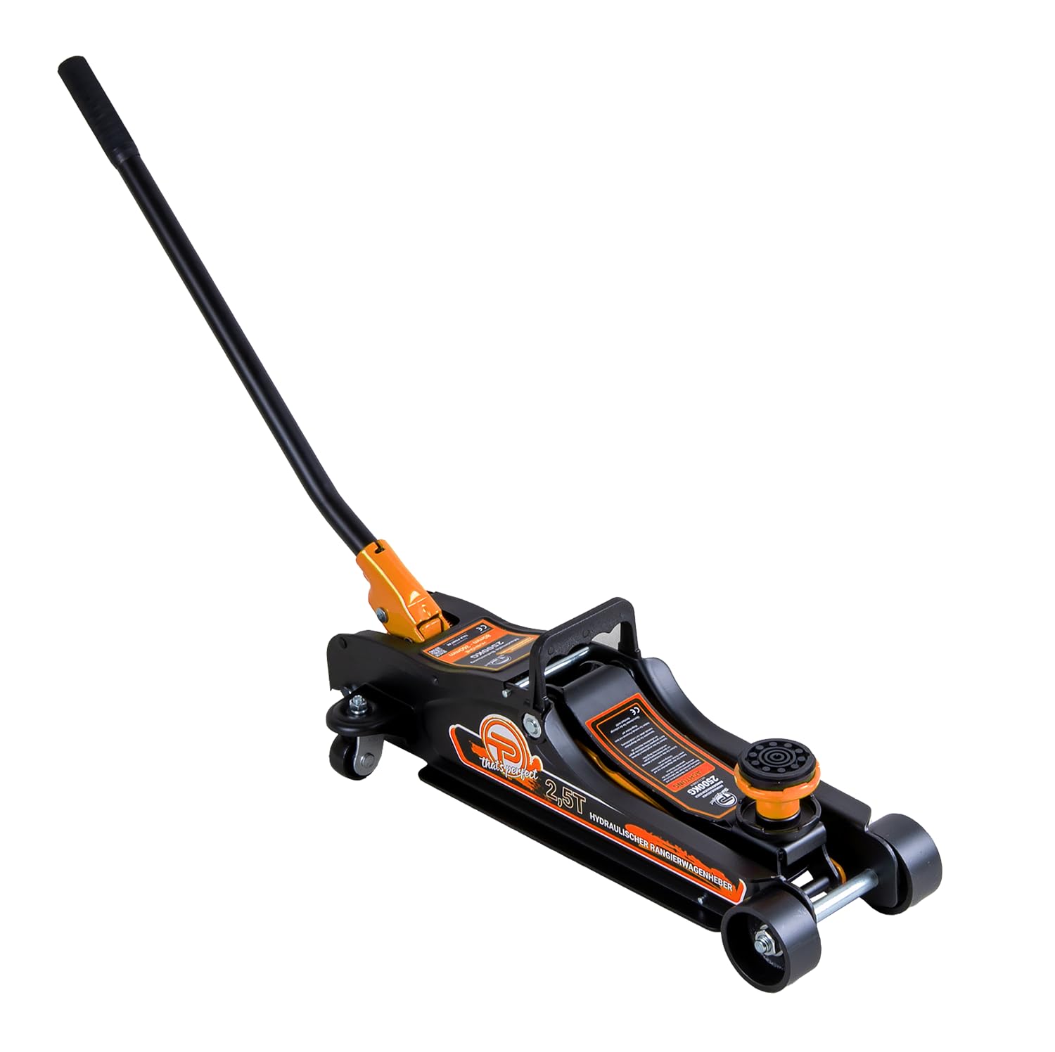Cric idraulico 2,5 tonnellate versione piatta 80 mm – 360 mm Low Profile con valigetta + adattatore SUV + 2 cuscinetti in gomma idraulici per auto, ruote a 360° (arancione)