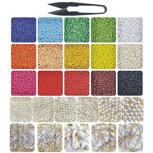 INDIKONB 7500 Pc – 28 in 1 Jewelry Making Set for Girls and Women (includes Opaque Neon Multicolour 8/0 3mm Glass Seed Beads)