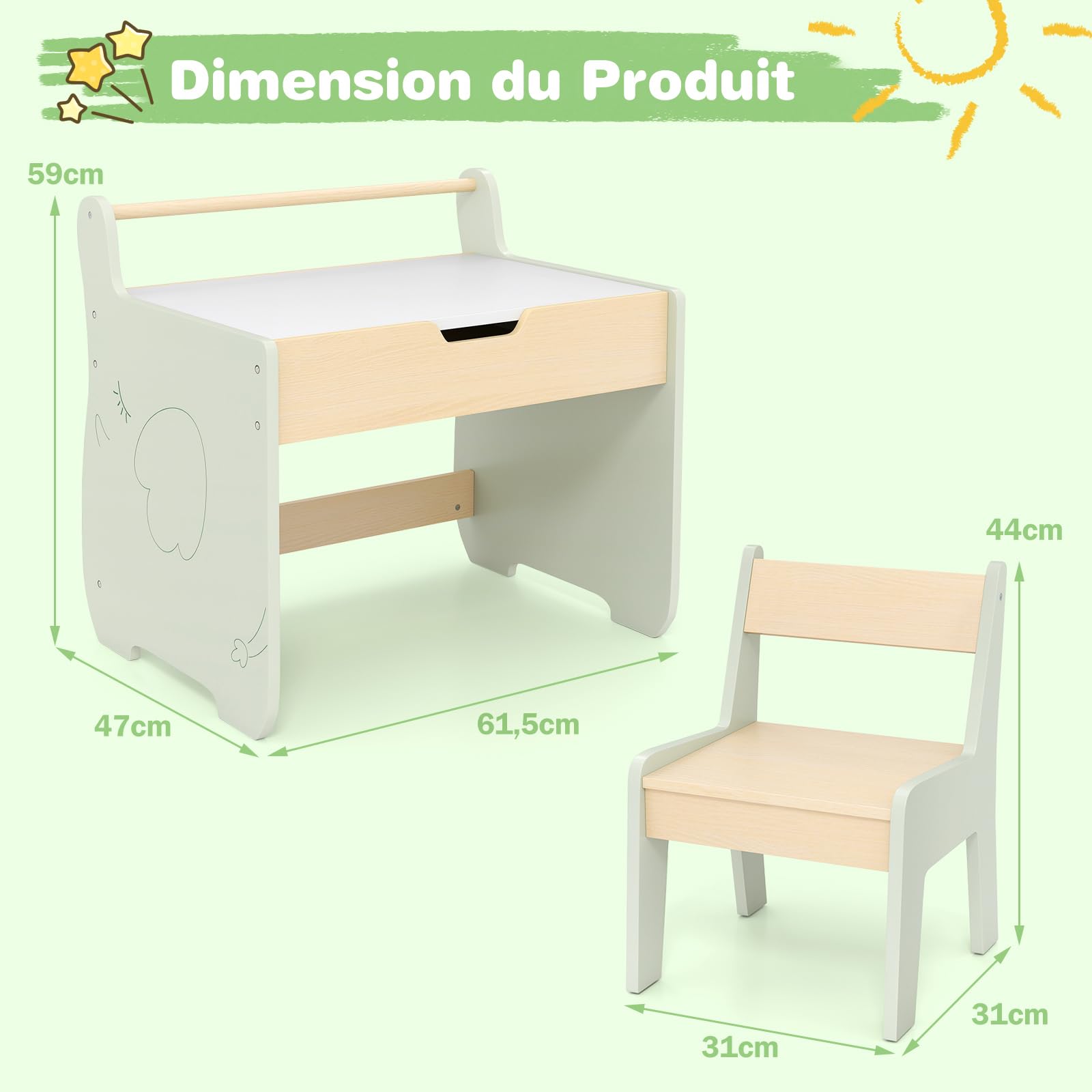 GOPLUS Table Enfant avec Chaise, 3 en 1 Bureau Enfant en Bois avec Rangement, Tableau Reversible Blanc/Noir, Porte-Rouleau de Papier, Petite Table d'Activités pour Dessiner Manger Etudier (Vert)
