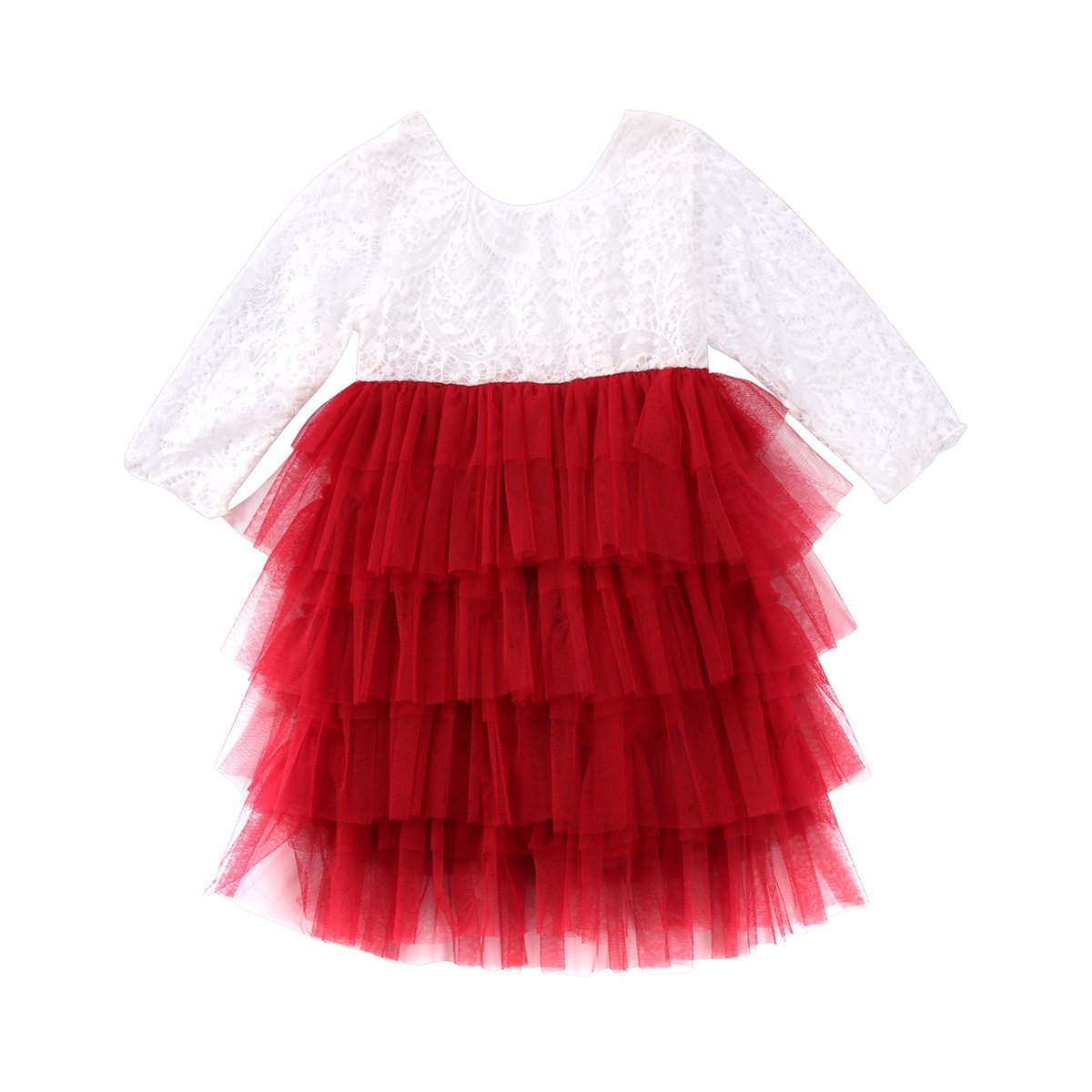 Toddler Baby Girl Tutu Lace Party Dress Flower Girl Dress Long Sleeve Princess Dress Kids Girl Floral Fashion Dress Clothes (White Red, 4-5 Year)
