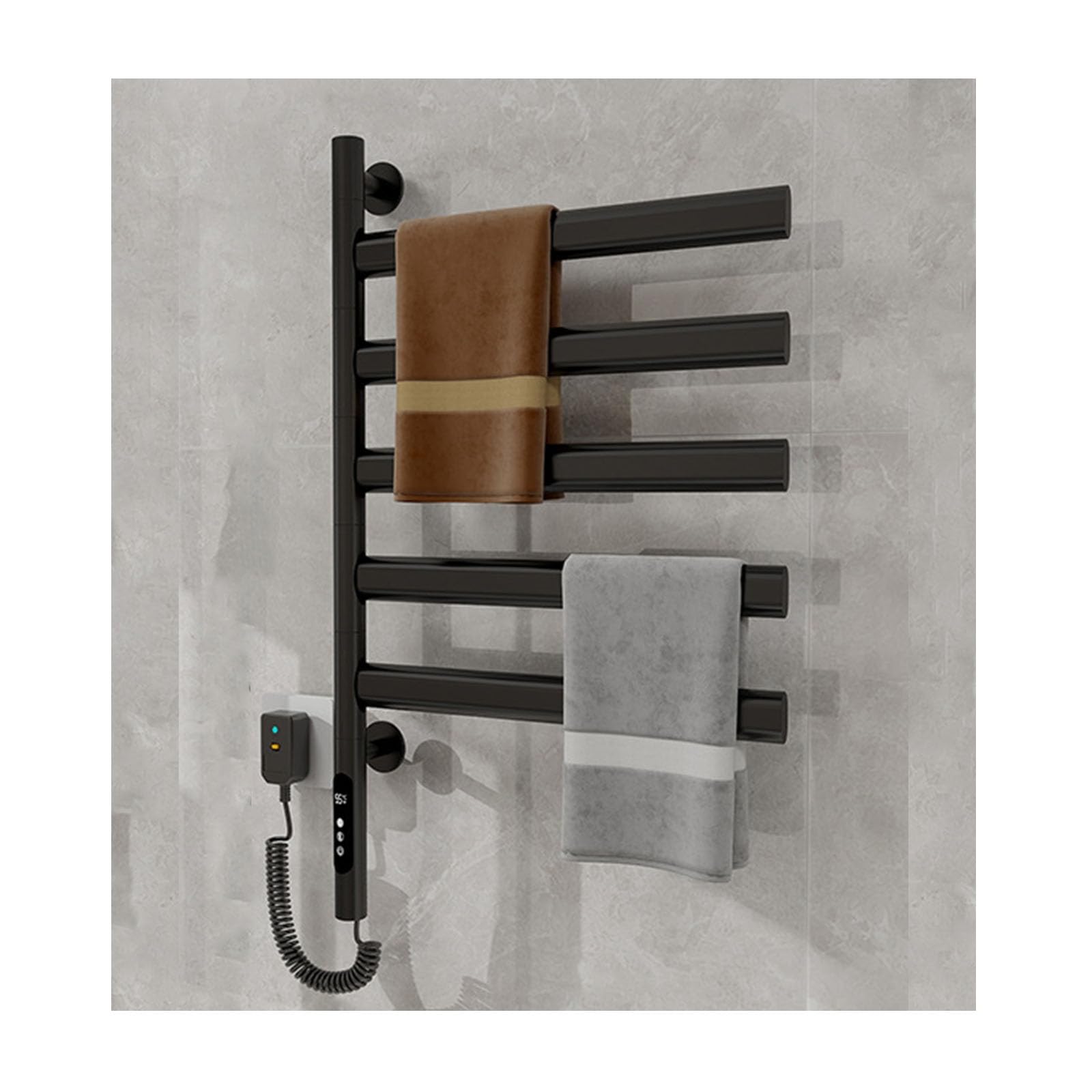 Toallero eléctrico giratorio de pared con calefacción ajustable y temporizador LCD
