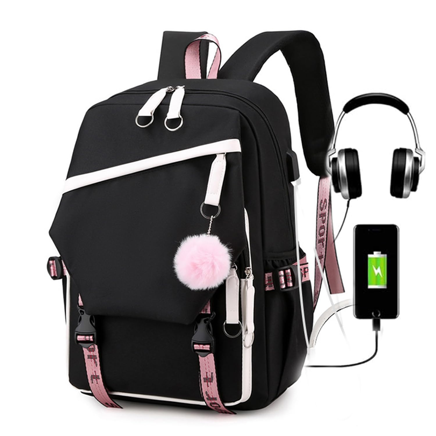Mochilas para Mujer,Mochila Ordenador Portátil Impermeable con Puerto de Carga USB y Conector para Auriculares,Antirrobo Backpack,para Ordenador del Negocio Trabajo Diario Viaje Escolares (Negro)