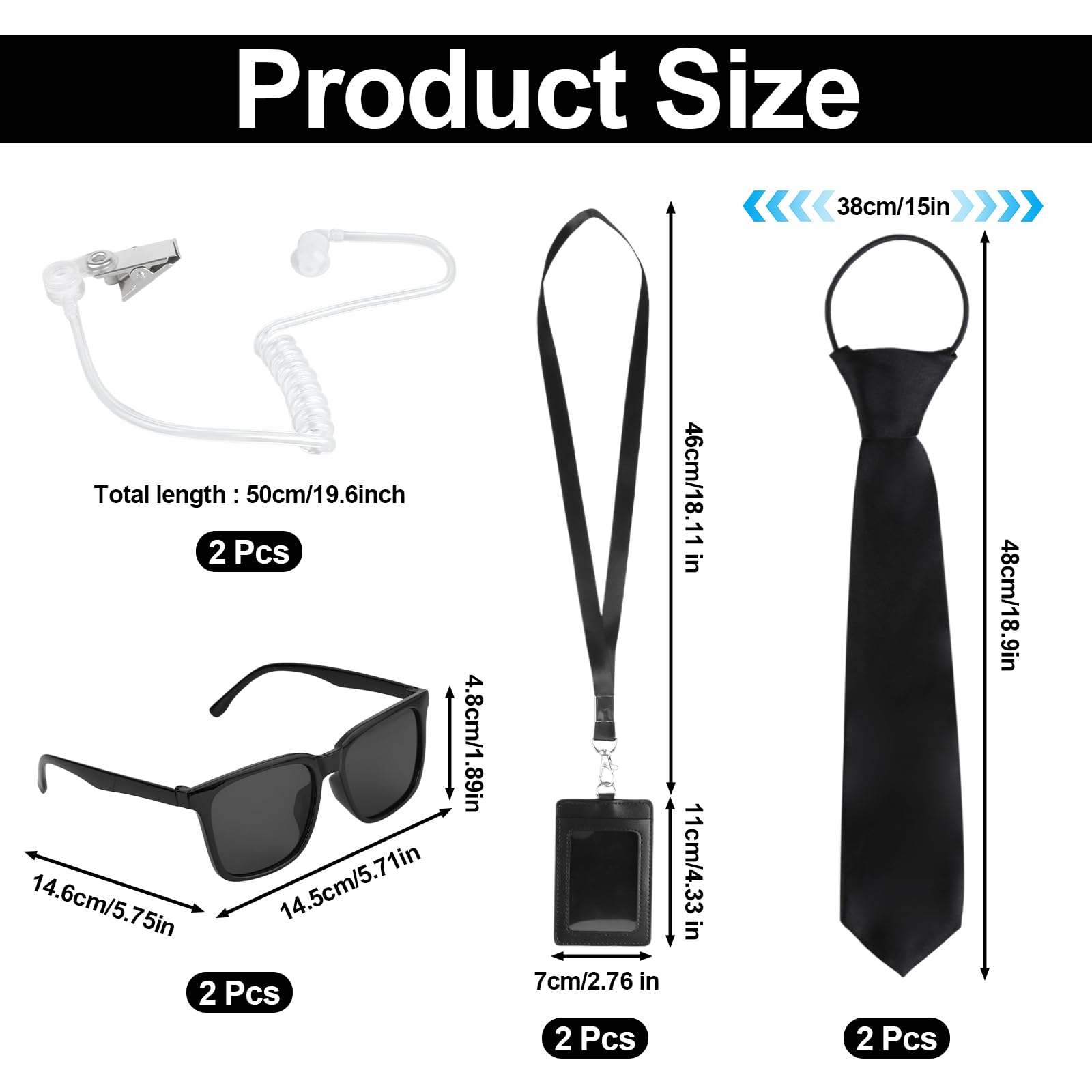 Qichan 8 Pcs Men in Black Costume Accessories, Agent Costume Accessory with Tie, Sunglasses, Card Holder, Headphones - Image 2
