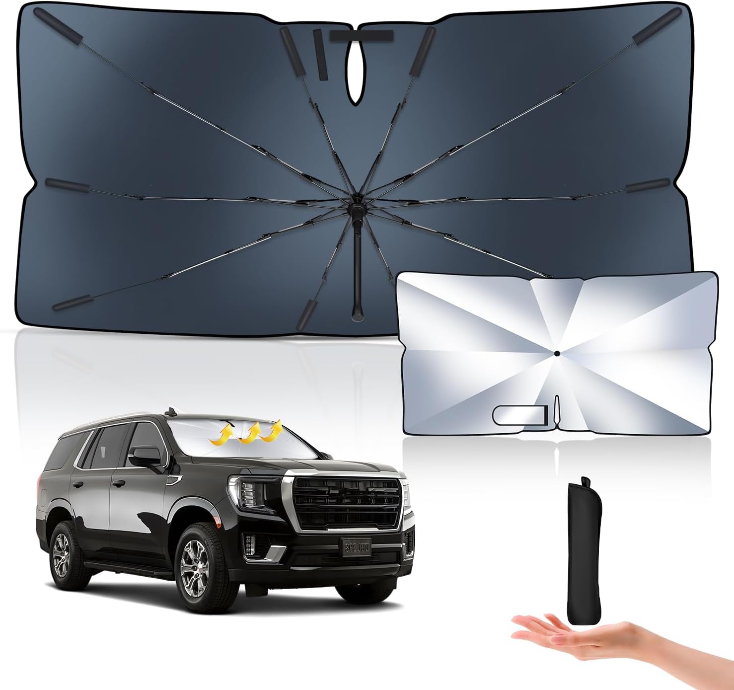 Windshield Sunshade Umbrella Custom Fit for 2021 2022 2023 2024 GMC Yukon-100% Blackout Ratio Thickened Titanium Silver 6 Layer UV Front Window Heat Insulation Protection Outdoor Camping