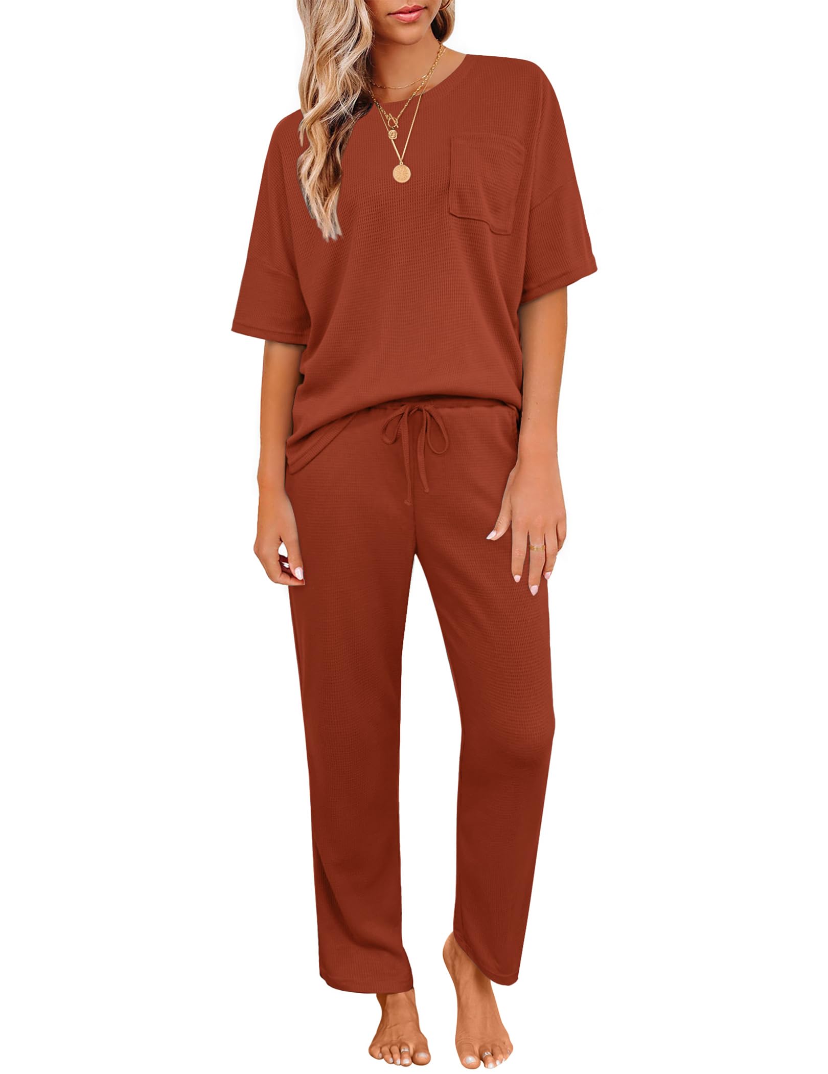 JiniGolla Womens Pajama Sets Waffle Knit Short Sleeve Shirt with Long Pajama Pants Soft Sleepwear Pj Lounge Sets