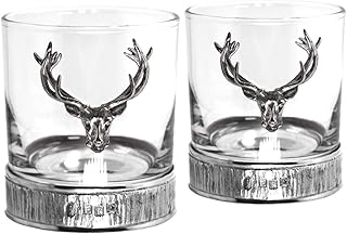 English Pewter Company Double Old Fashioned Whiskey Glass Tumbler Set with Pewter Majestic Stag Head and Base [STAG204]