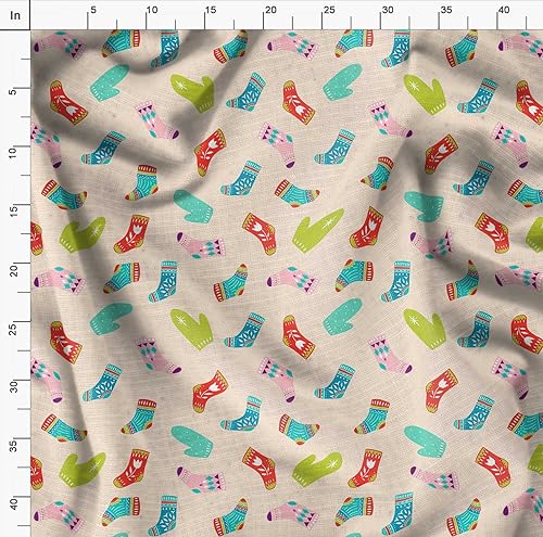 Image of Soimoi White Silk Fabric Socks & Gloves Folk Art Print Sewing Fabric Meter 42 Inch Wide