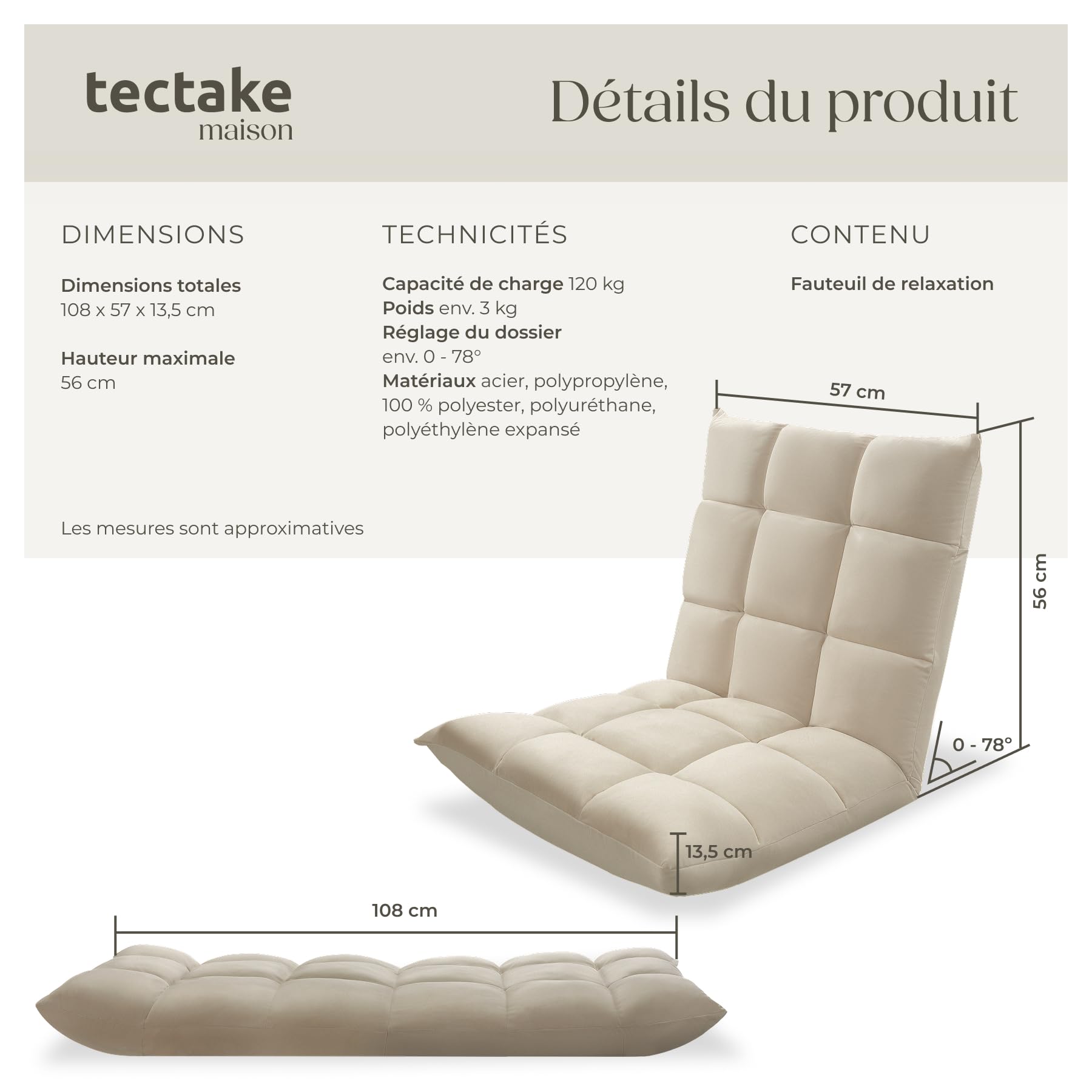 tectake® Fauteuil Relax XXL Velours 2en1 Fauteuil TV & Matelas de Sol Moelleux Chaise Longue de Relaxation & méditation Fauteuil Salon Confortable avec Dossier inclinable Chambre, Allaitement