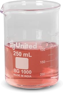 United Scientific™ 250mL Beaker - Low Form Griffin, Double Scale Graduation, 3.3 Borosilicate Glass Beaker with Pour Spout, Beaded Rim and Autoclavable, 1 Each