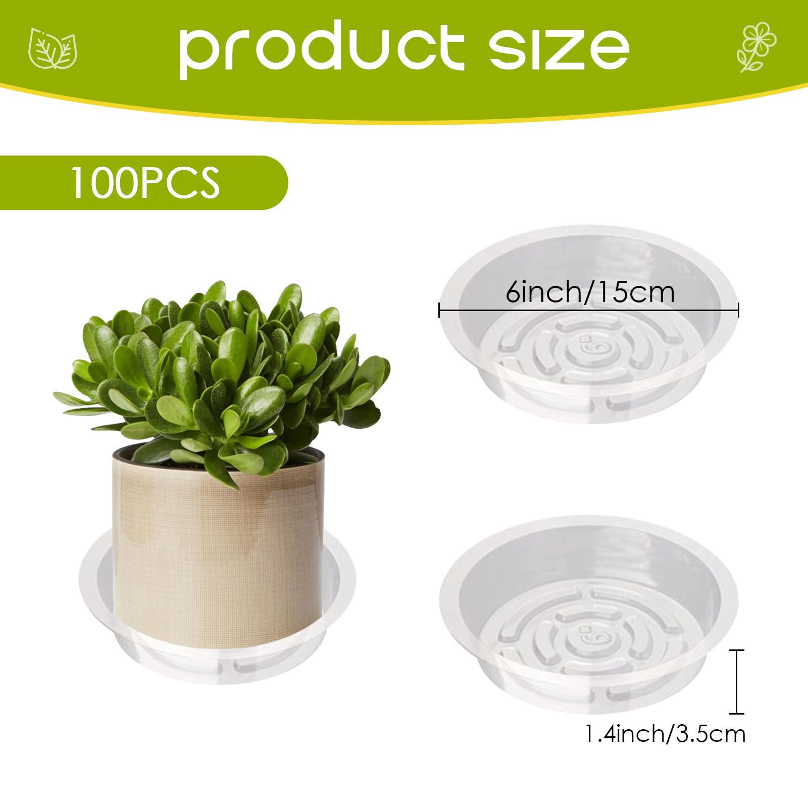 Kunststoff-Untersetzer, 100 Stück, 15,2 cm, transparente Wasserschalen, langlebige Kunststoff-Blumentopf-Untersetzer, geeignet für Innen- und Außenpflanzen (transparent)