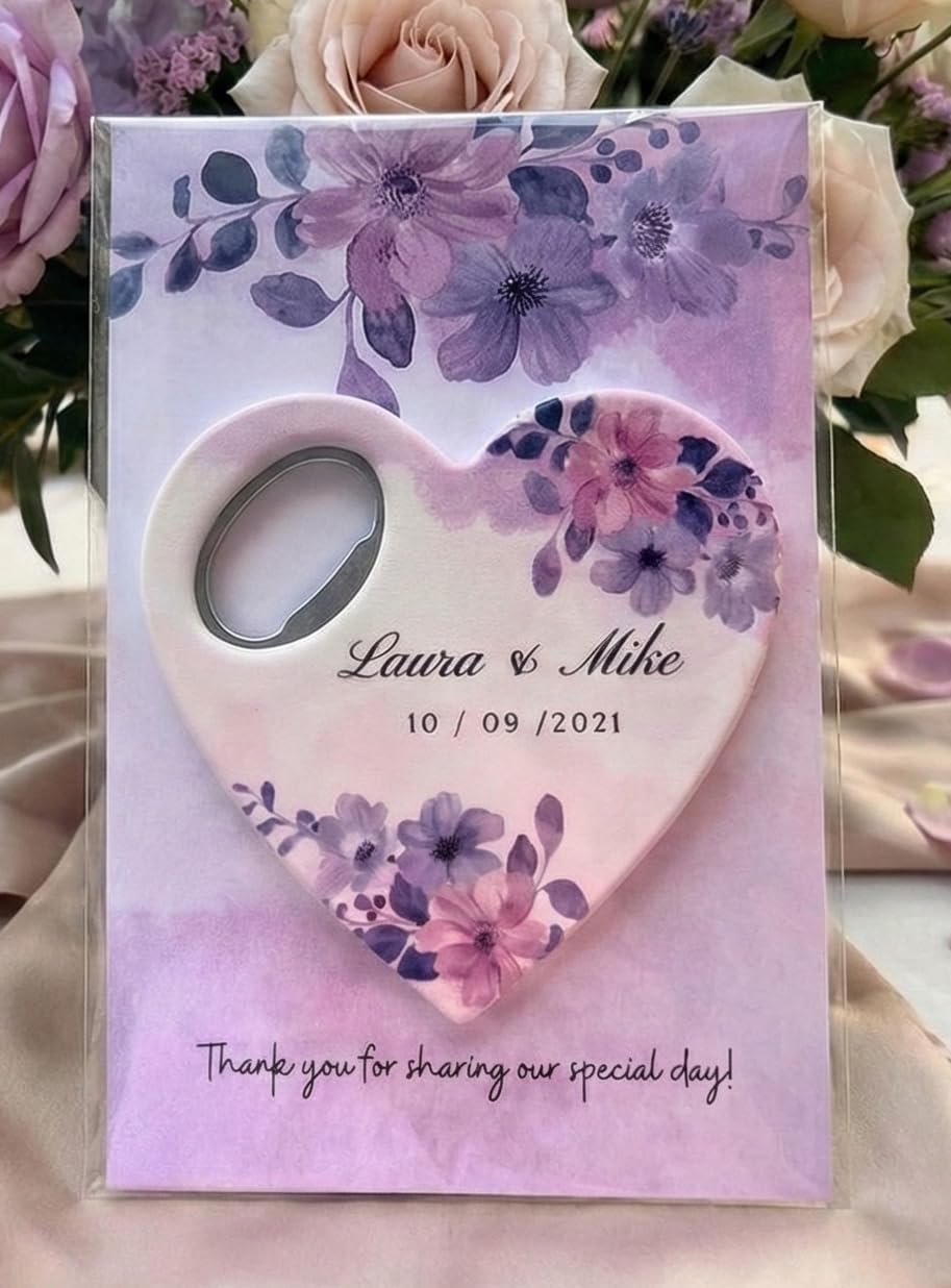 Personalized Wedding Favor Magnet Opener, Bridal Shower Favor for Guests, Heart Shaped Wedding Souvenirs and Thank You Card Magnet Opener, Custom Favor (Pack of 20) (Bottle Opener + Thank You Card)
