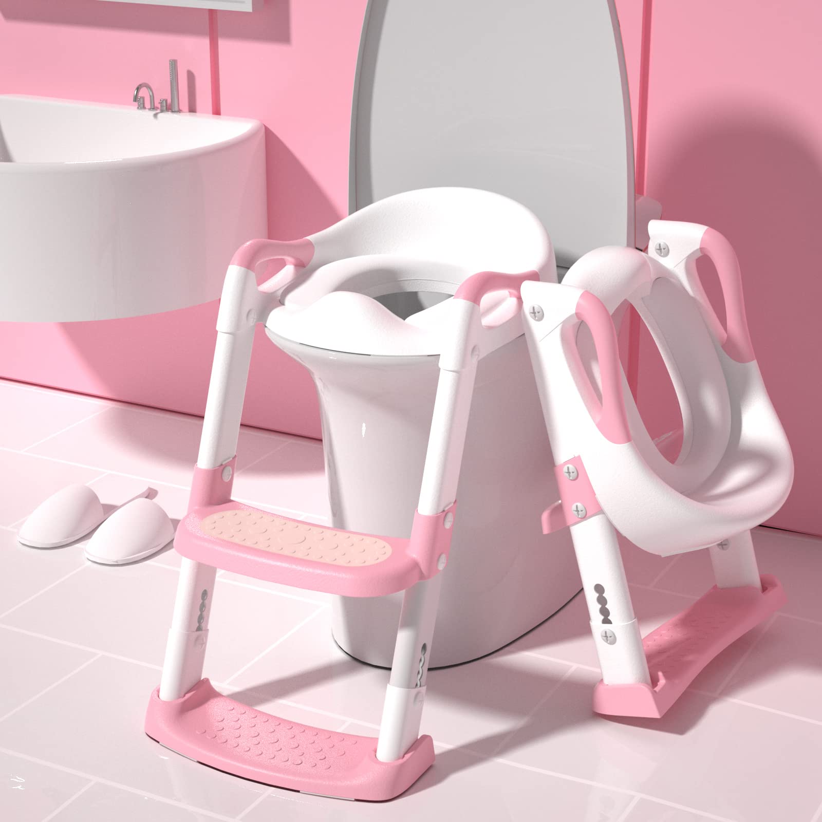 Photo 1 of GLAF Potty Training Toilet Seat for Toddler with Step Stools Ladder Kids Potty Seat for Boys Girls 2 in 1 Adjustable Potty Chair with Anti-Slip Pads Comfortable Cushion (Pink)